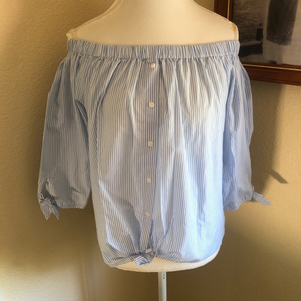 Light Blue Striped Off-Shoulder Women's Top